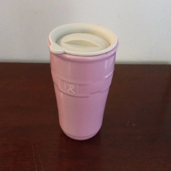 LONGABERGER Woven Traditions Pink Travel Mug with Lid Breast Cancer Ribbon NWOT - Picture 3 of 11